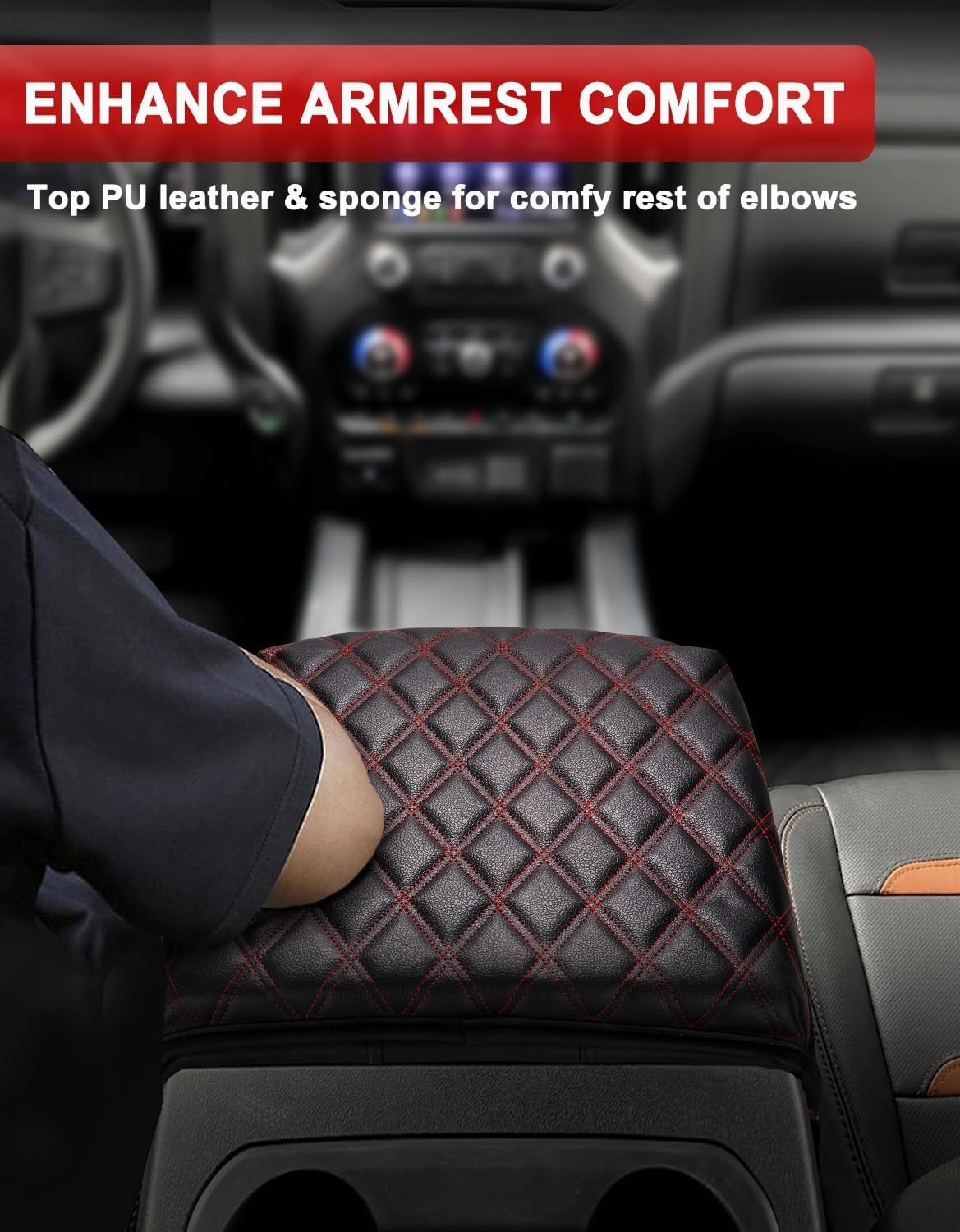 KBH Center Console Armrest Cover for Chevy Silverado & GMC Sierra 2019-2025, Tahoe & Suburban & Yukon 2021-2025 Bucket Seat, Vinyl Leather Trim, Black-Red Double Stitch