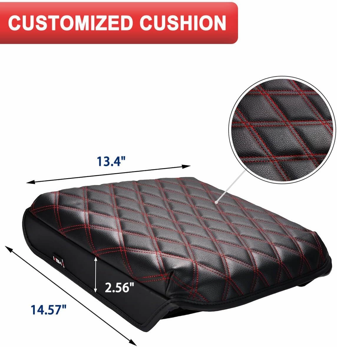 KBH Center Console Armrest Cover for Chevy Silverado & GMC Sierra 2019-2025, Tahoe & Suburban & Yukon 2021-2025 Bucket Seat, Vinyl Leather Trim, Black-Red Double Stitch