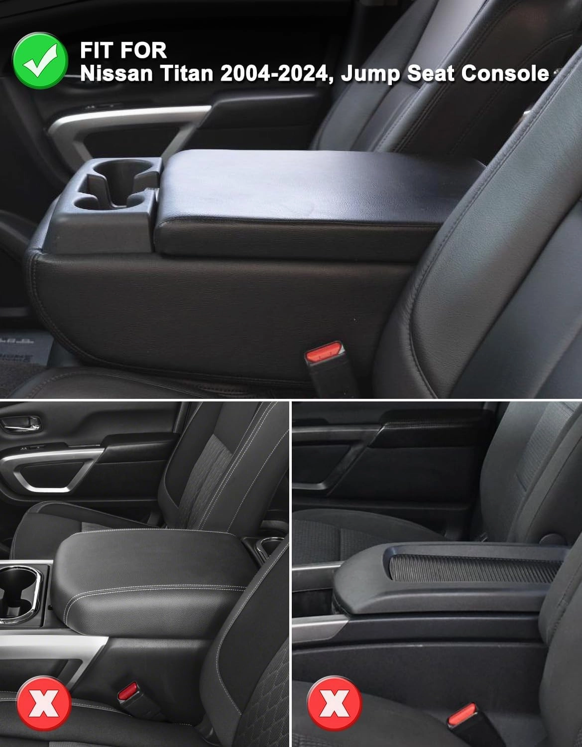 KBH Center Console Armrest Cover for Nissan Titan 2004-2024, Jump Seat Only, Vinyl Leather Trim, Car Arm Rest Protector, Anti-Scratch, Black