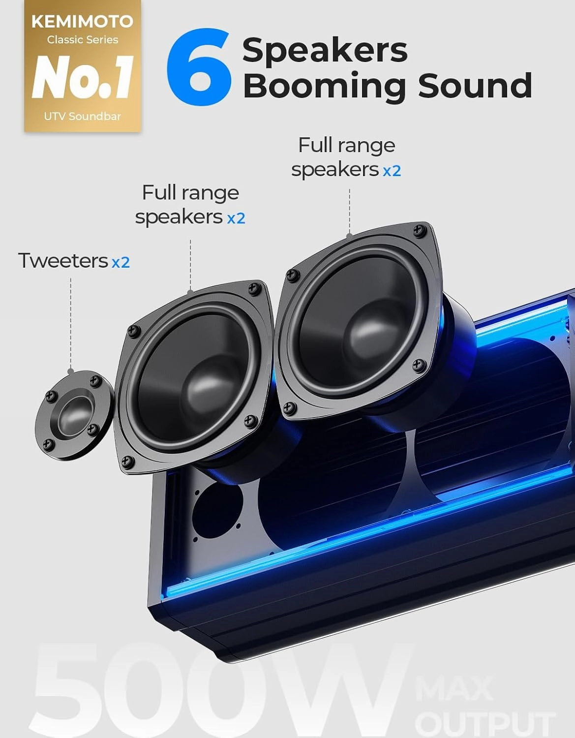 KEMIMOTO 6-Speaker Metal UTV Sound Bar Waterproof Bluetooth Music Sync Multicolor Lights 25-inch SxS Speakers Wireless Control Soundbar for UTV ATV Golf Cart w/ 1.25 in - 2 in Roll Bar