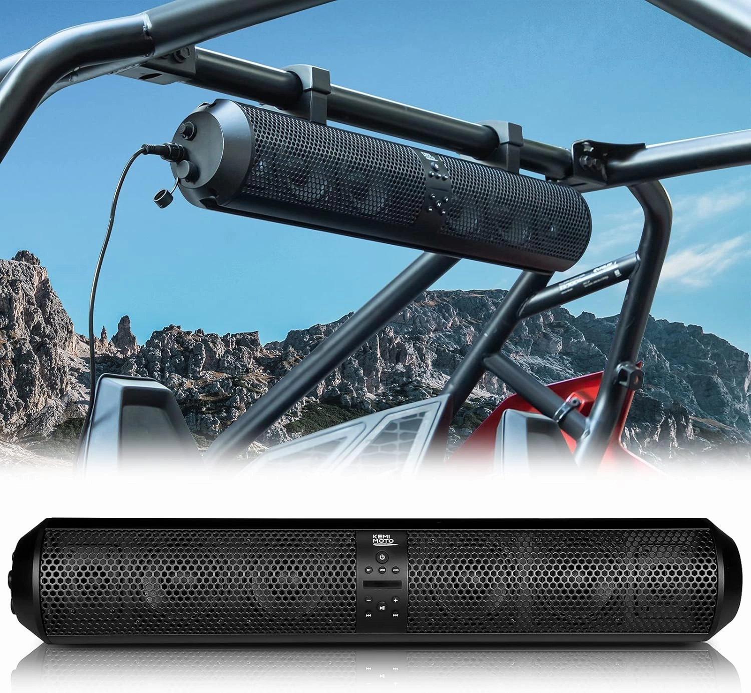 Kemimoto UTV Sound Bar 28-Inch 2X Tweeter and 4X Subwoofer Bluetooth-Compatible Wireless Control Soundbar Compatible with Polaris RZR Can-Am X3 Defender CFMOTO for 1.56"- 2.25" Roll Cage soundbar,TV speaker bar,home theater soundbar,