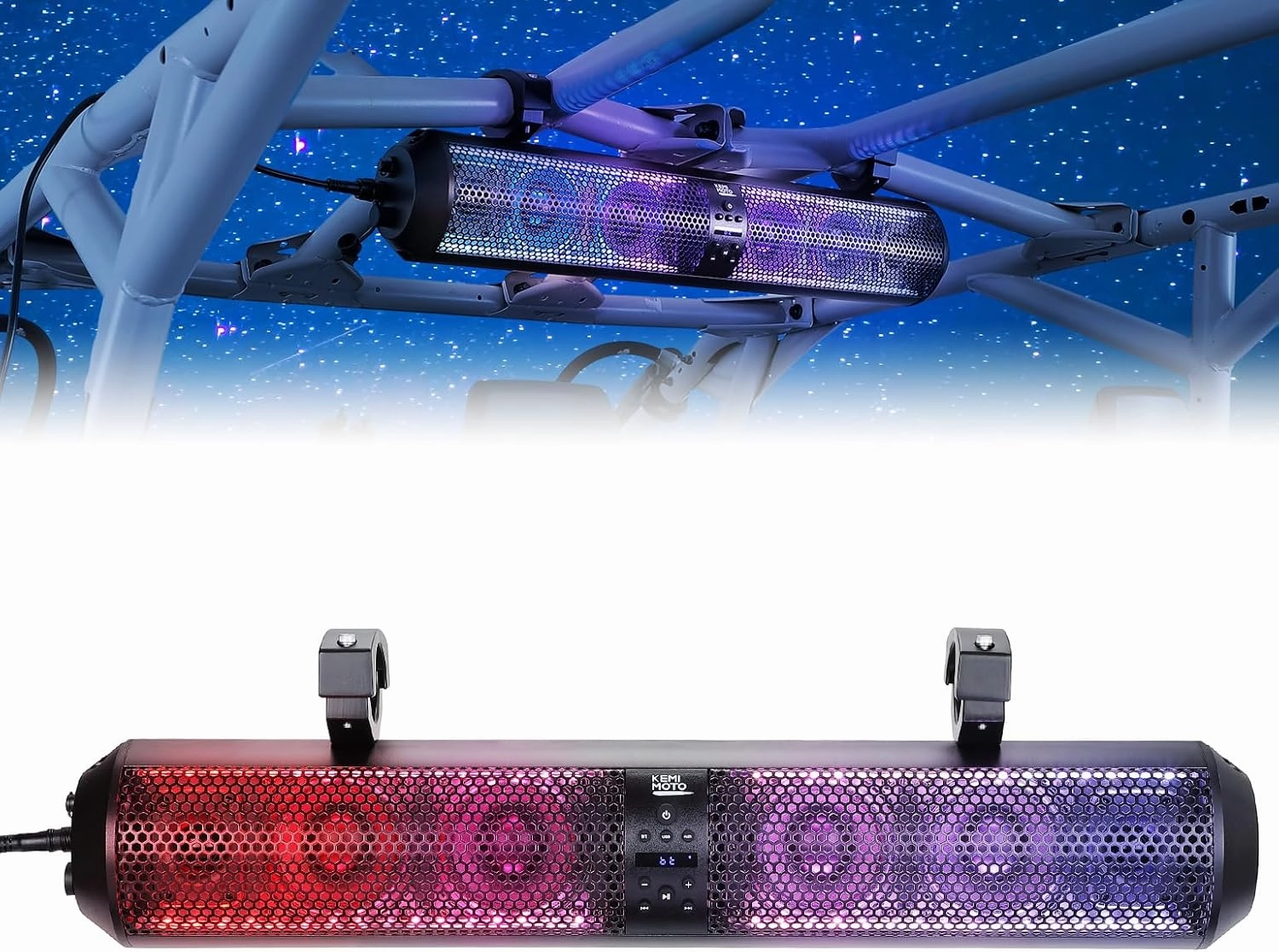 KEMIMOTO UTV Sound Bar 28 Inch ATV Soundbar 4X Subwoofers LED Party Lights Bluetooth Golf Cart Sound Bar 2X Tweeters Compatible with Polaris RZR Can-Am X3 Defender CFMOTO for 1.56"- 2.25" Roll Cage soundbar,TV speaker bar,home theater soundbar,