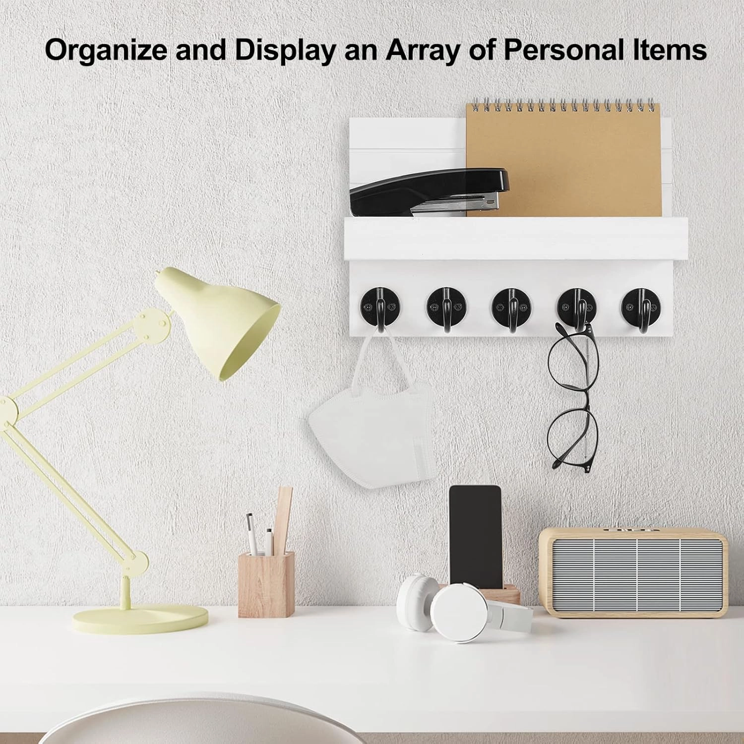 Key Holder for Wall, Decorative Key and Mail Holder with Shelf Has Large Key Hooks for Bags, Coats, Umbrella  Paulownia Wood Key Hanger with Mounting Hardware (9.8W x 6.7H x 4.2D)