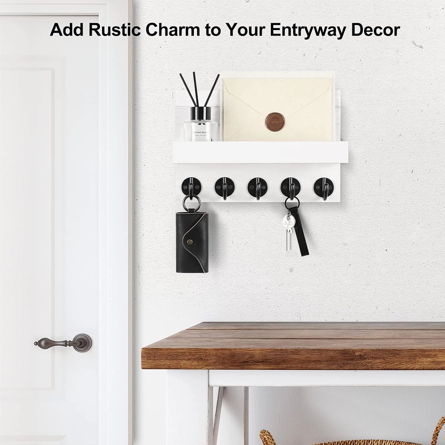 Key Holder for Wall, Decorative Key and Mail Holder with Shelf Has Large Key Hooks for Bags, Coats, Umbrella  Paulownia Wood Key Hanger with Mounting Hardware (9.8W x 6.7H x 4.2D)