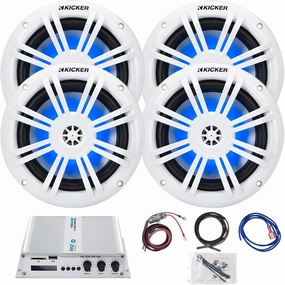 KICKER 4X 51KM604WL KM 6.5" 150 Watts Max Power 4 ohms RGB LED Marine Coaxial Speakers, 4-Channel Bridgeable 400 Watt RMS 4 OHM Full Range Amplifier, 10 Gauge Amplifier Installation Wiring Kit power amplifier,stereo amp,hi-fi power amp,