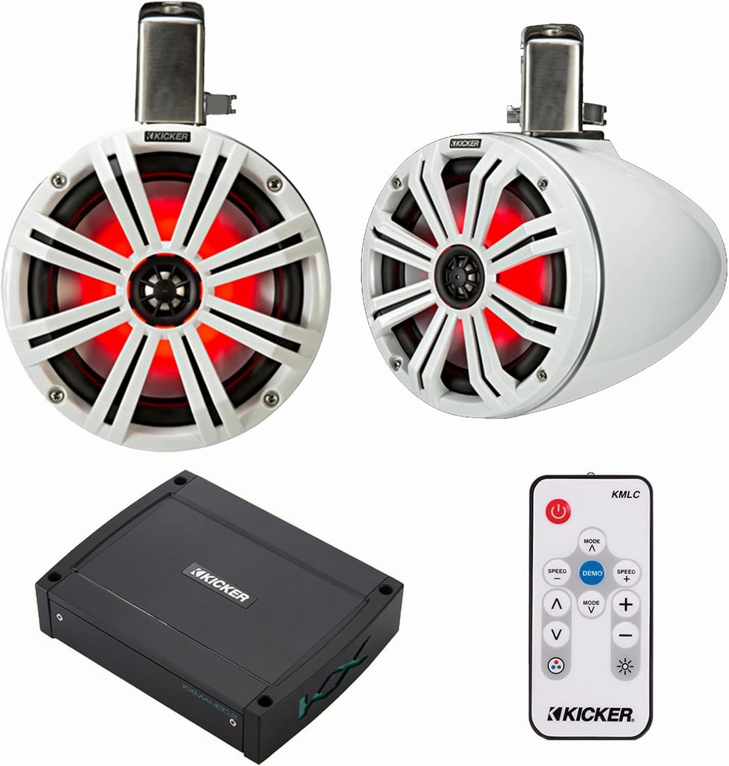 KICKER 8" 300 Watt Peak Power Marine RGB Multicolor LED White Tower Speakers (Pair) with 2-Channel 400 Watt Full-Range Class D Waterproof Amplifier, Remote Control power amplifier,stereo amp,hi-fi power amp,