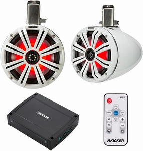 KICKER 8" 300 Watt Peak Power Marine RGB Multicolor LED White Tower Speakers (Pair) with 2-Channel 400 Watt Full-Range Class D Waterproof Amplifier, Remote Control power amplifier,stereo amp,hi-fi power amp,