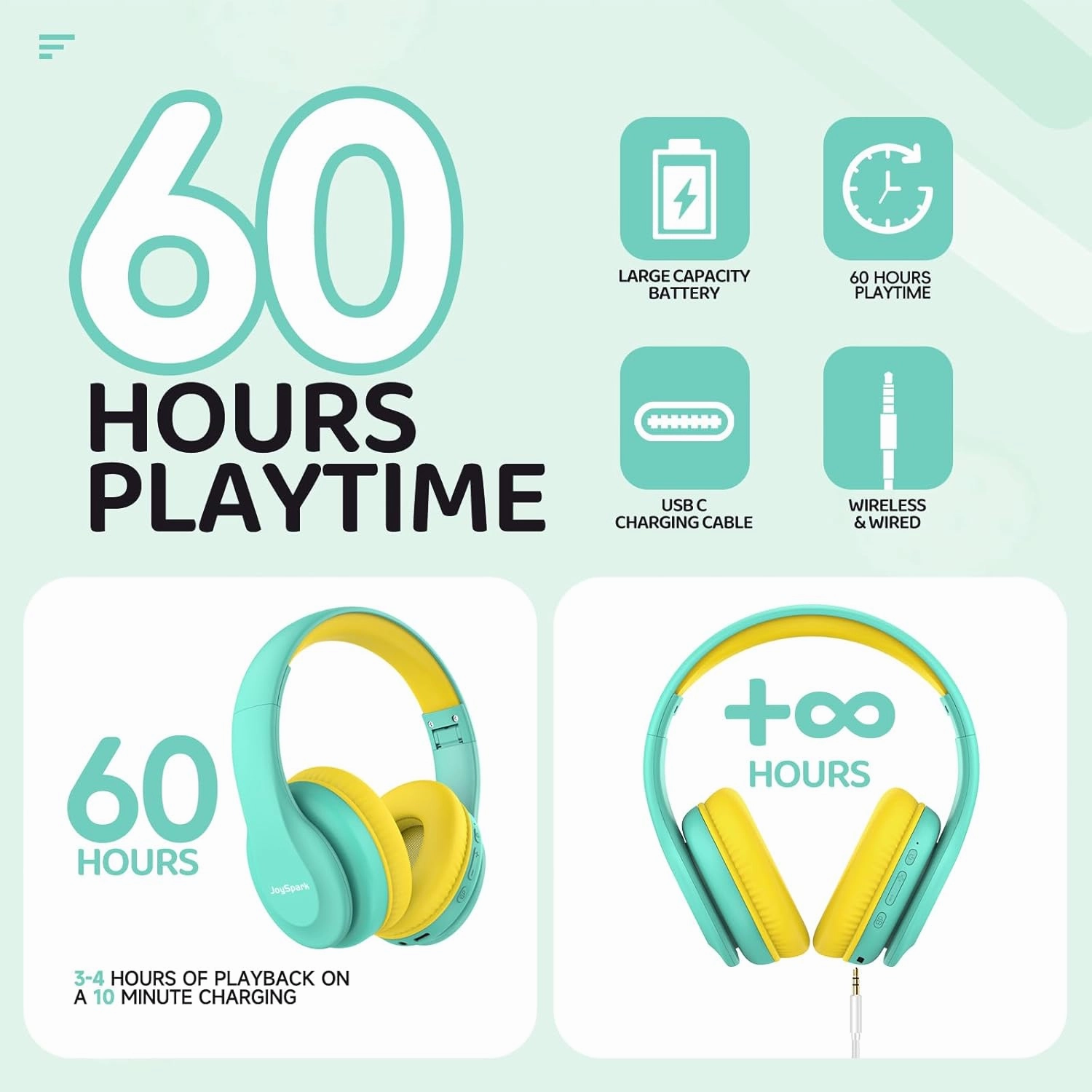 Kids Bluetooth Headphones, Lightweight Wireless Headphones for Kids, 85/94dB Volume Limited, 60 Hours Playtime, Bluetooth 5.3, Over-Ear Toddler Headsets with Built-in Mic-Green