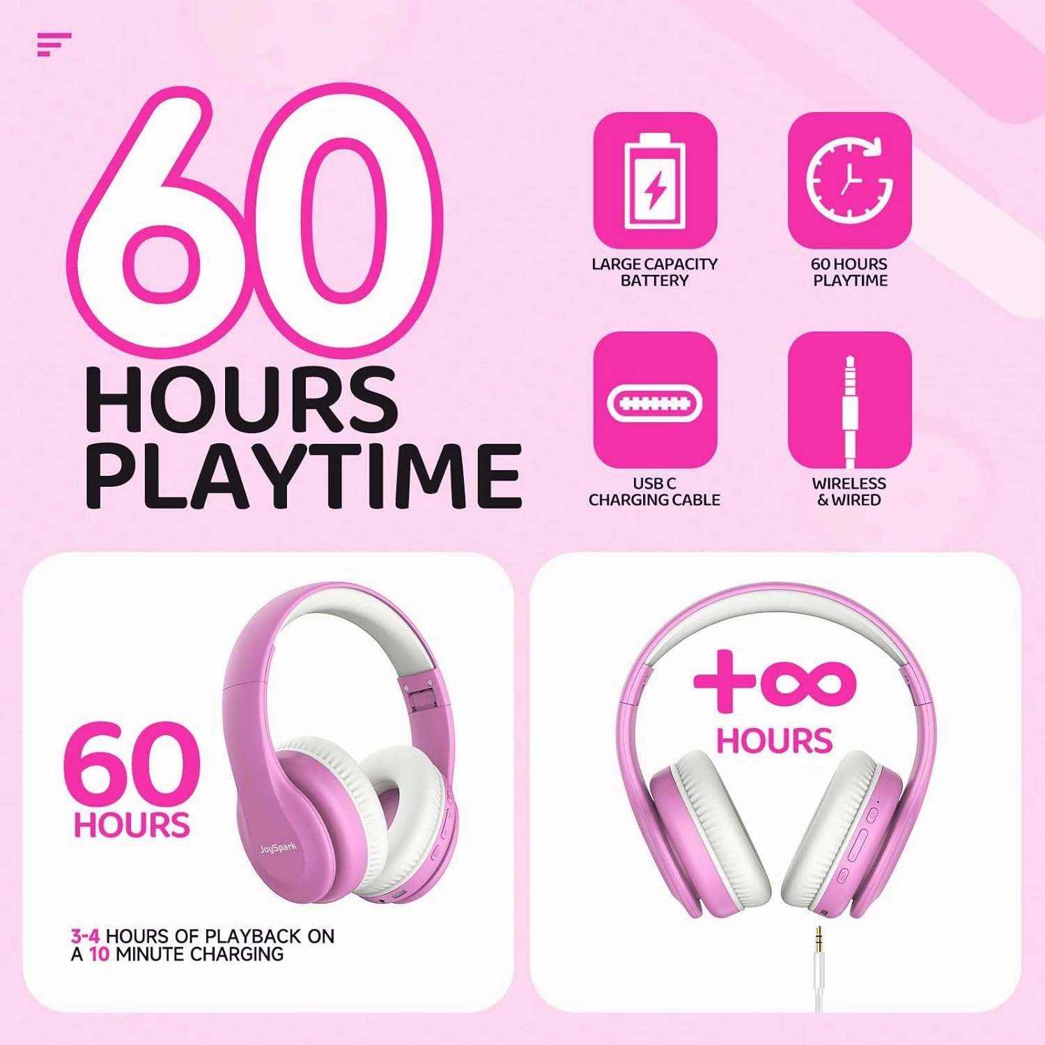 Kids Bluetooth Headphones, Lightweight Wireless Headphones for Kids, 85/94dB Volume Limited, 60 Hours Playtime, Bluetooth 5.3, Over-Ear Toddler Headsets with Built-in Mic-Pink
