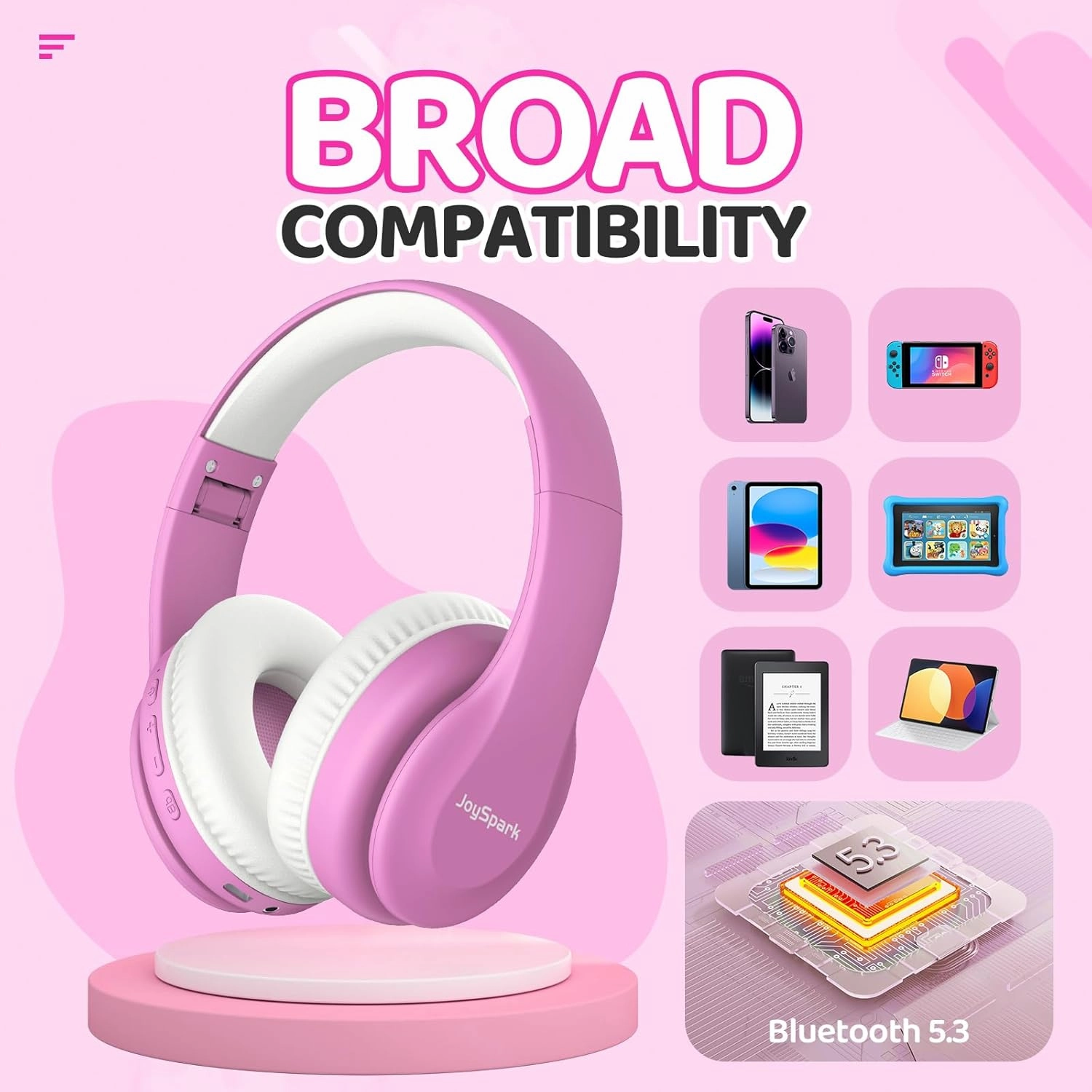 Kids Bluetooth Headphones, Lightweight Wireless Headphones for Kids, 85/94dB Volume Limited, 60 Hours Playtime, Bluetooth 5.3, Over-Ear Toddler Headsets with Built-in Mic-Pink