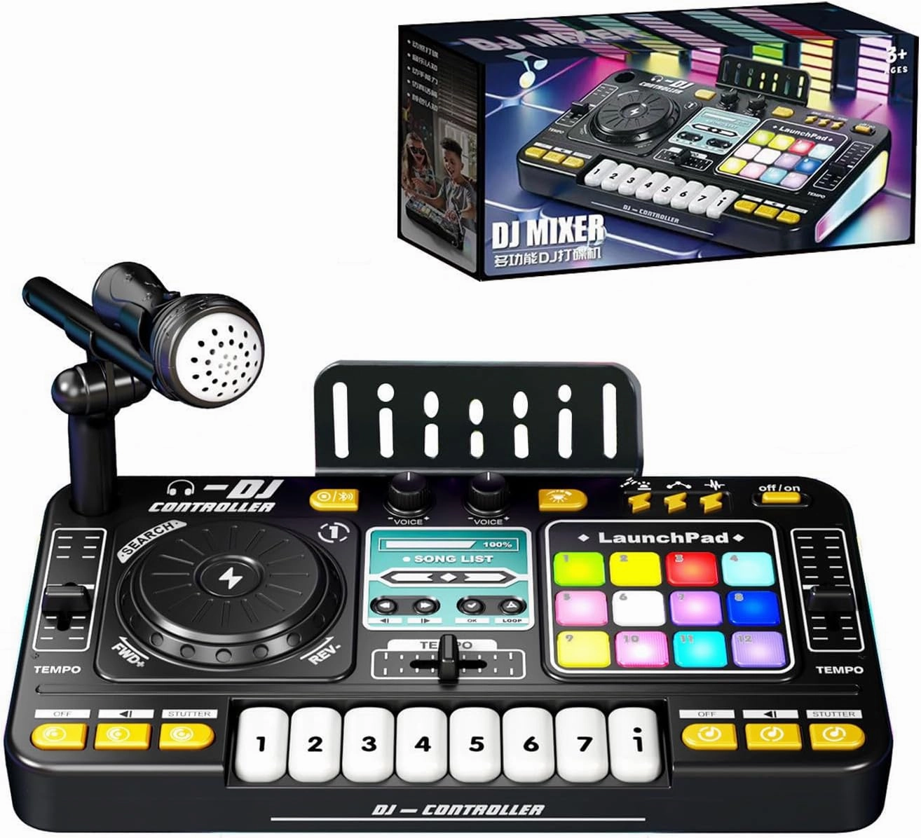 Kids DJ Mixer Console with Microphone, Bluetooth, LaunchPad, 8 Piano Keys, LED Lights, Interactive Music Toy, Ages 3  mixer console,audio mixing desk,DJ console,