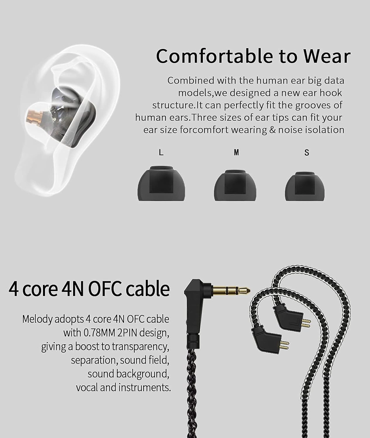 Kinboofi CCZ Melody in Ear Monitors, Dynamic Hybrid Dual Driver in Ear Headphones 1BA 1DD HiFi Wired Headphones Musicians IEM Upgrade Deep Bass Suitable for Audiophile Musician(No MIC, Black)