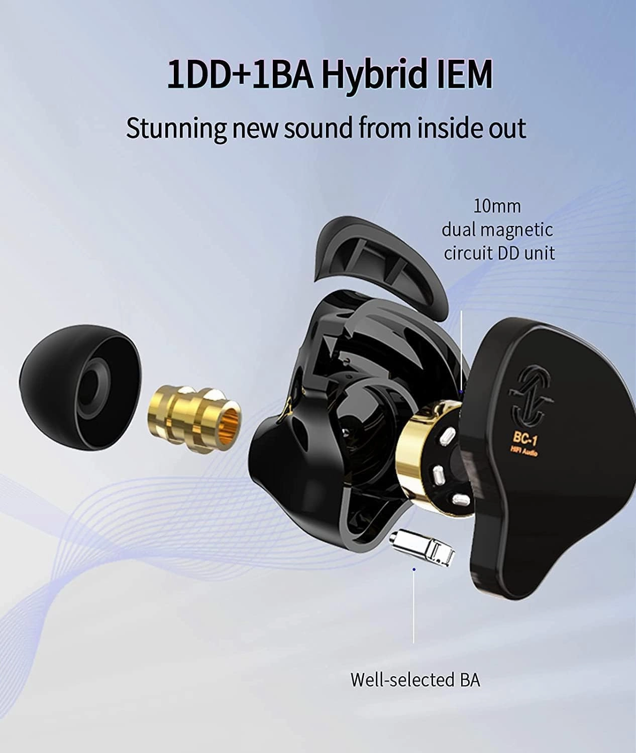 Kinboofi CCZ Melody in Ear Monitors, Dynamic Hybrid Dual Driver in Ear Headphones 1BA 1DD HiFi Wired Headphones Musicians IEM Upgrade Deep Bass Suitable for Audiophile Musician(No MIC, Black)