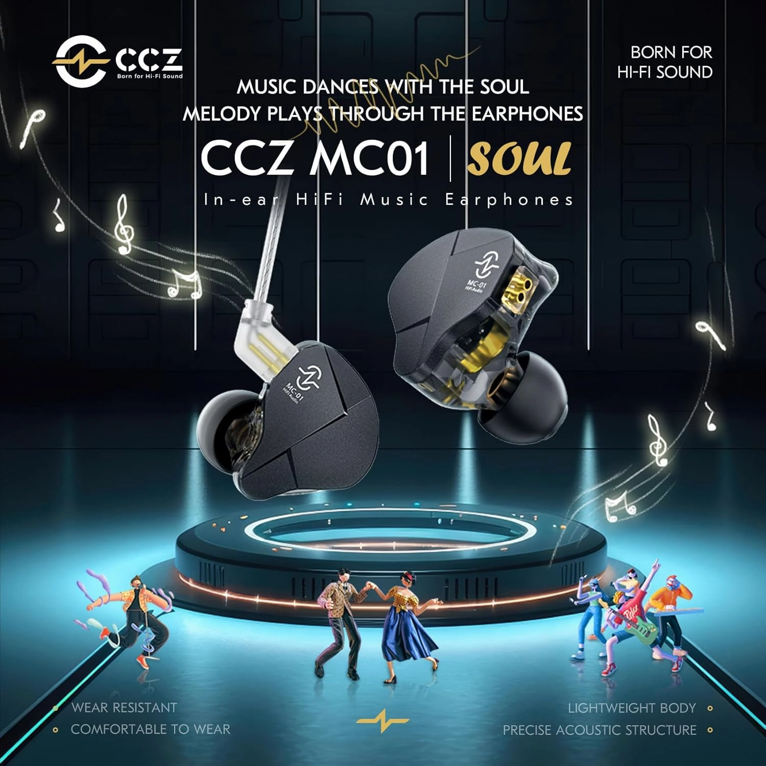 Kinboofi in Ear Monitor, CCZ MC01 10MM Dual-Magnet Large DD Gaming Earbuds, Wired Earbuds,in Ear Monitor Headphones with 5N OFC Detachable Cable No Mic for Musicians Audiophile (Black, No MIC)