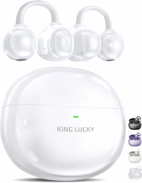 King Lucky Clip-on Earbuds, Open Ear Earbuds Wireless Bluetooth 5.4,Lightweight Open Ear Headphones with C-Shaped Bridge,Slim Hook,50H Battery,Waterproof, for Glasses Wearers and Workouts(Pure White) wireless earbuds,Bluetooth earphones,true wireless stere