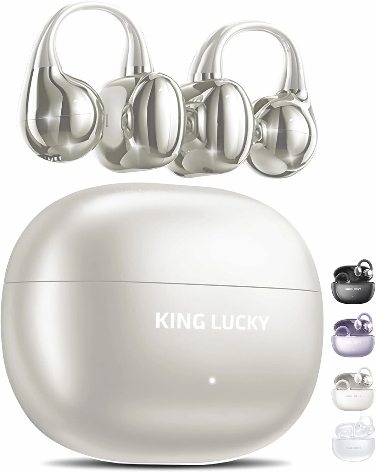 King Lucky Clip on Earbuds Open Ear Wireless Bluetooth 5.4 Headphones with Mic,50H Play,Noise Cancelling,Waterproof,Sports Ear Buds,Comfortable for Small Ears & Glasses Wearers,Workouts (Pearl White) wireless earbuds,Bluetooth earphones,true wireless s