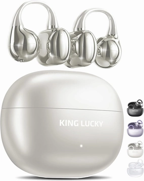 King Lucky Clip on Earbuds Open Ear Wireless Bluetooth 5.4 Headphones with Mic,50H Play,Noise Cancelling,Waterproof,Sports Ear Buds,Comfortable for Small Ears & Glasses Wearers,Workouts (Pearl White) wireless earbuds,Bluetooth earphones,true wireless s