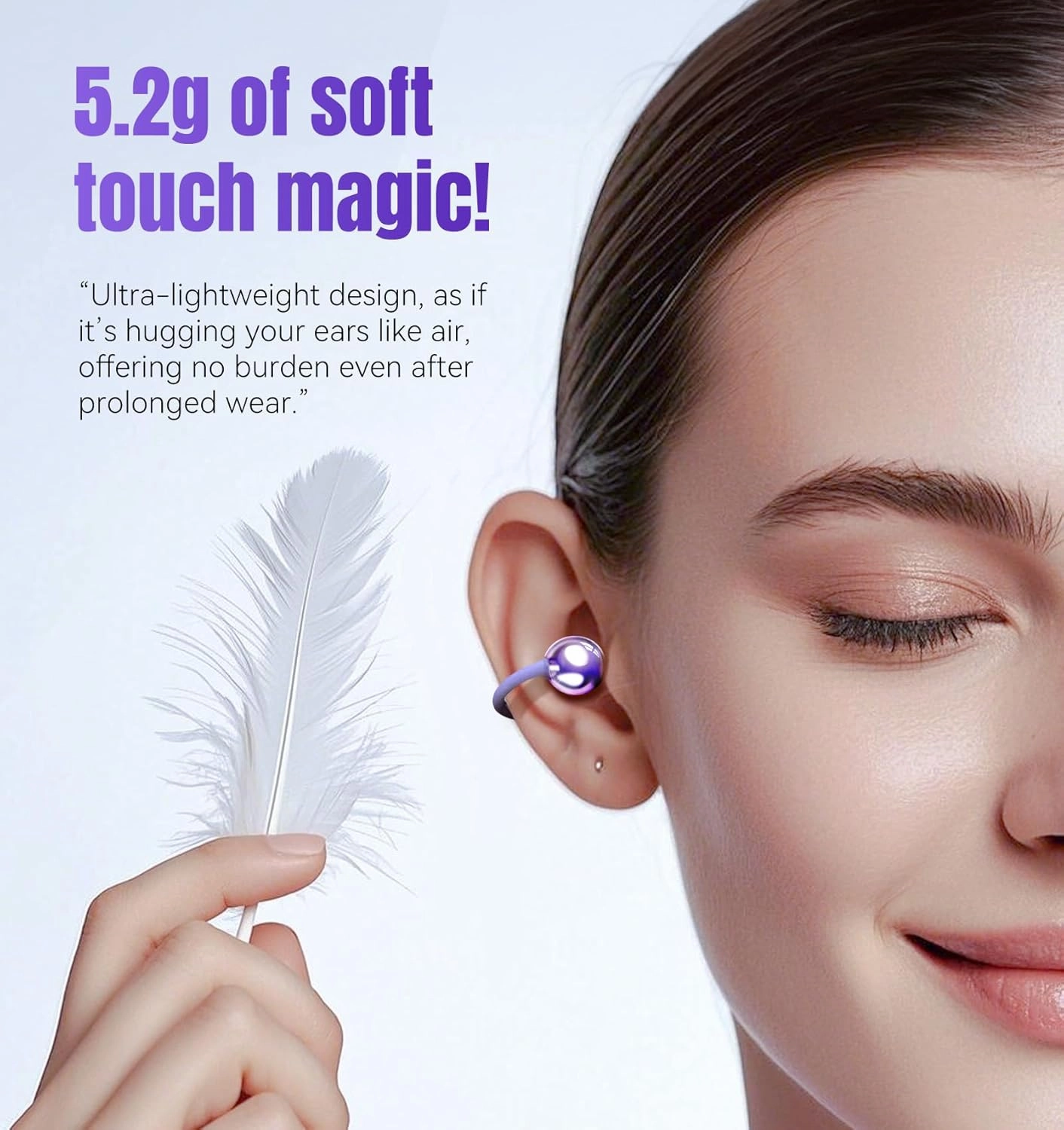 King Lucky Clip on Earbuds Open Ear Wireless Bluetooth 5.4 Headphones with Mic,50H Play,Noise Cancelling,Waterproof,Sports Ear Buds,Comfortable for Small Ears & Glasses Wearers,Workouts (Purple)