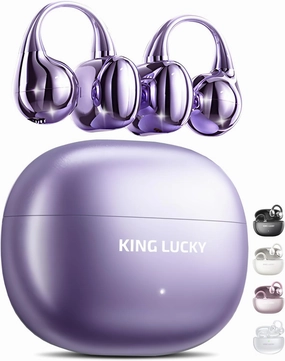 King Lucky Clip on Earbuds Open Ear Wireless Bluetooth 5.4 Headphones with Mic,50H Play,Noise Cancelling,Waterproof,Sports Ear Buds,Comfortable for Small Ears & Glasses Wearers,Workouts (Purple) wireless earbuds,Bluetooth earphones,true wireless stereo