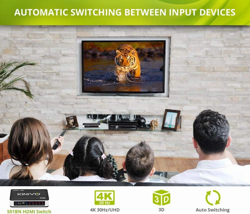 Kinivo HDMI Switch 4K HDR, (5 Port, 4K 30Hz, Auto-Switching, IR Wireless Remote)