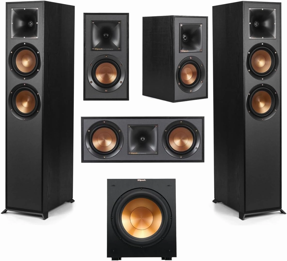 Klipsch Reference 5.1 Home Theater Pack with 2X R-620F Floorstanding Speaker, R-12SW Subwoofer, R-52C Center Channel Speaker and 2X R-41M Bookshelf Speaker, Black surround sound system,cinema audio kit,5.1 surround package,