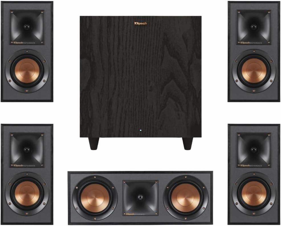Klipsch Reference Home Theater Speaker Bundle  Includes (4) R-41M Bookshelf Speakers, (1) R-52C Center Channel, and (1) R-80SWi 8" Wireless Subwoofer for Immersive Surround Sound surround sound system,cinema audio kit,5.1 surround package,