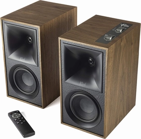 Klipsch The Fives Powered Bookshelf Speakers with HDMI-ARC in Walnut bookshelf speakers,compact stereo speakers,hi-fi shelf speakers,
