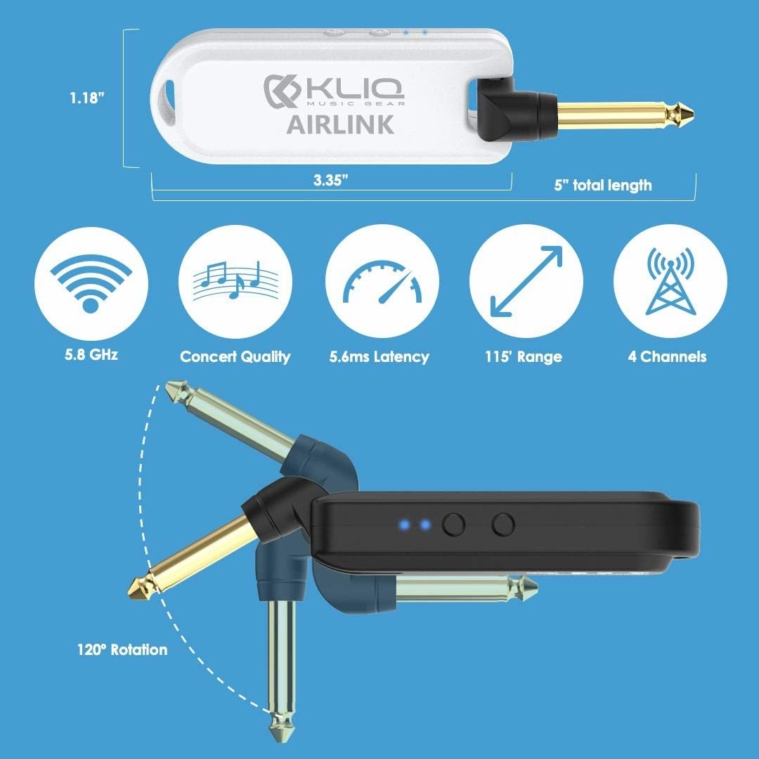 KLIQ Airlink 5.8 GHz Rechargeable Wireless Audio System designed for Electric Guitar, Bass and other Electric Instruments-Digital Transmitter/Receiver Set (5.8G Wireless)