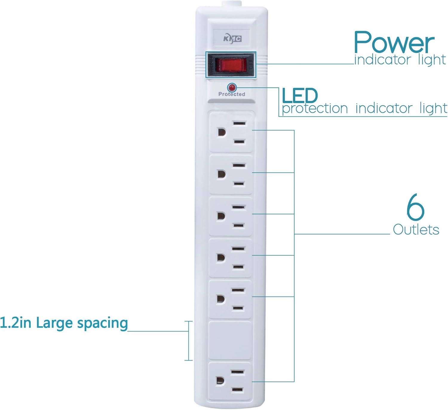 KMC 6-Outlet Surge Protector Power Strip, 2-Pack, 1200 Joules, 6ft Cord, Adapter Spaced Outlet, Overload Protection, White