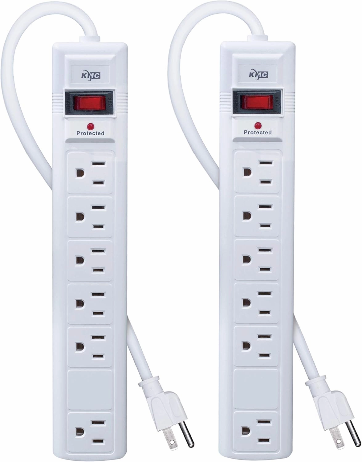 KMC 6-Outlet Surge Protector Power Strip, 2-Pack, 1200 Joules, 6ft Cord, Adapter Spaced Outlet, Overload Protection, White power cord,hi-fi power cable,AC power lead,