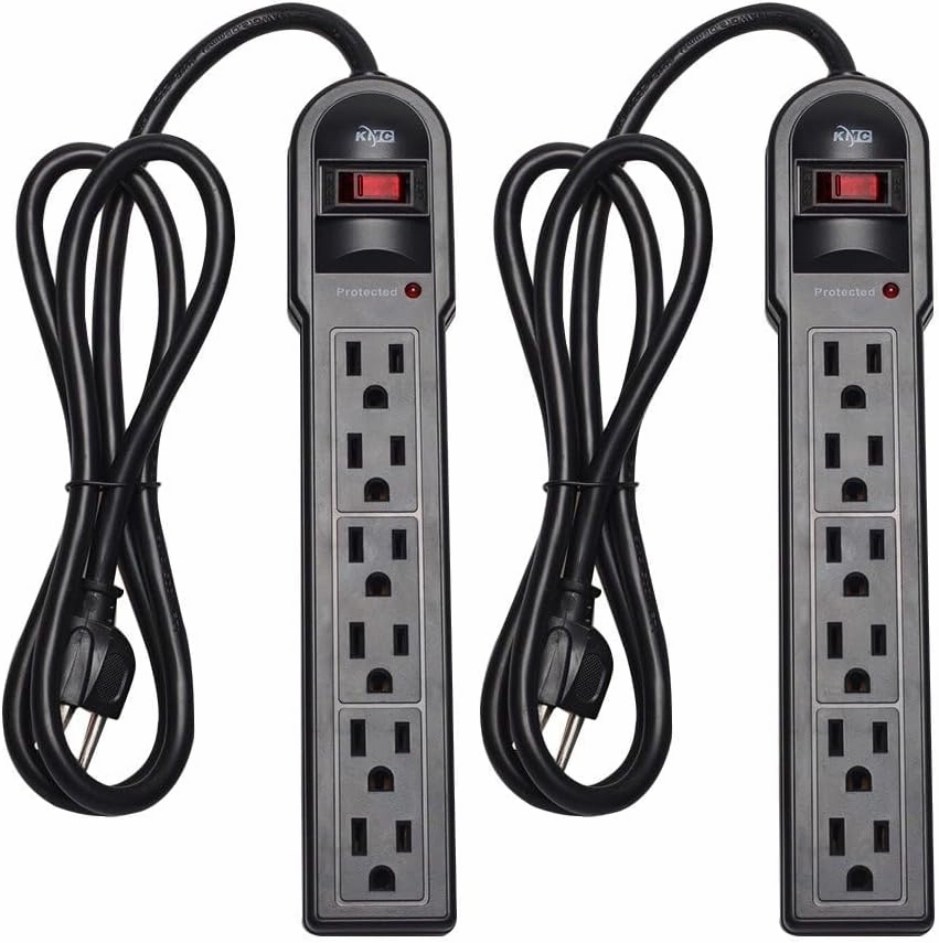 KMC 6-Outlet Surge Protector Power Strip 2-Pack, 900 Joules, 4-Foot Extension Cord, Overload Protection, Black power cord,hi-fi power cable,AC power lead,