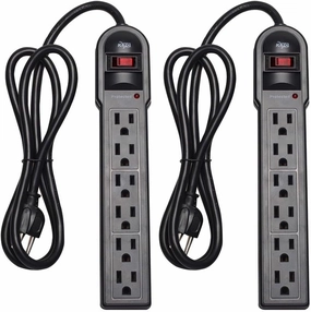 KMC 6-Outlet Surge Protector Power Strip 2-Pack, 900 Joules, 4-Foot Extension Cord, Overload Protection, Black power cord,hi-fi power cable,AC power lead,