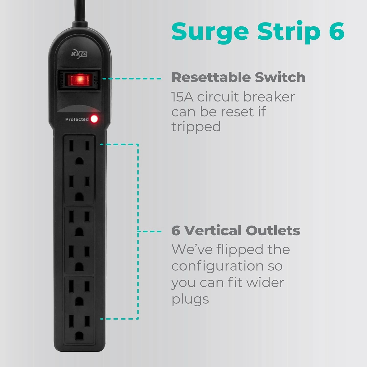 KMC 6-Outlet Surge Protector Power Strip 2-Pack, 900 Joules, 4-Foot Extension Cord, Overload Protection, Black