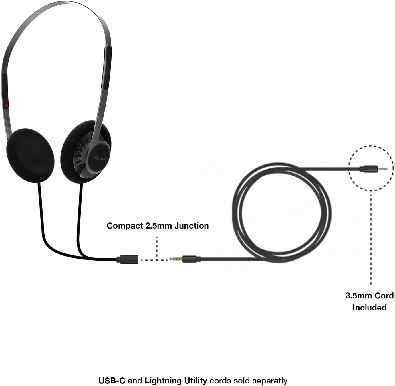 Koss KPH40 Utility On-Ear Headphones, Detachable Interchangeable Cord System, Retro Style, Ultra Lightweight Design (Stealth Black)