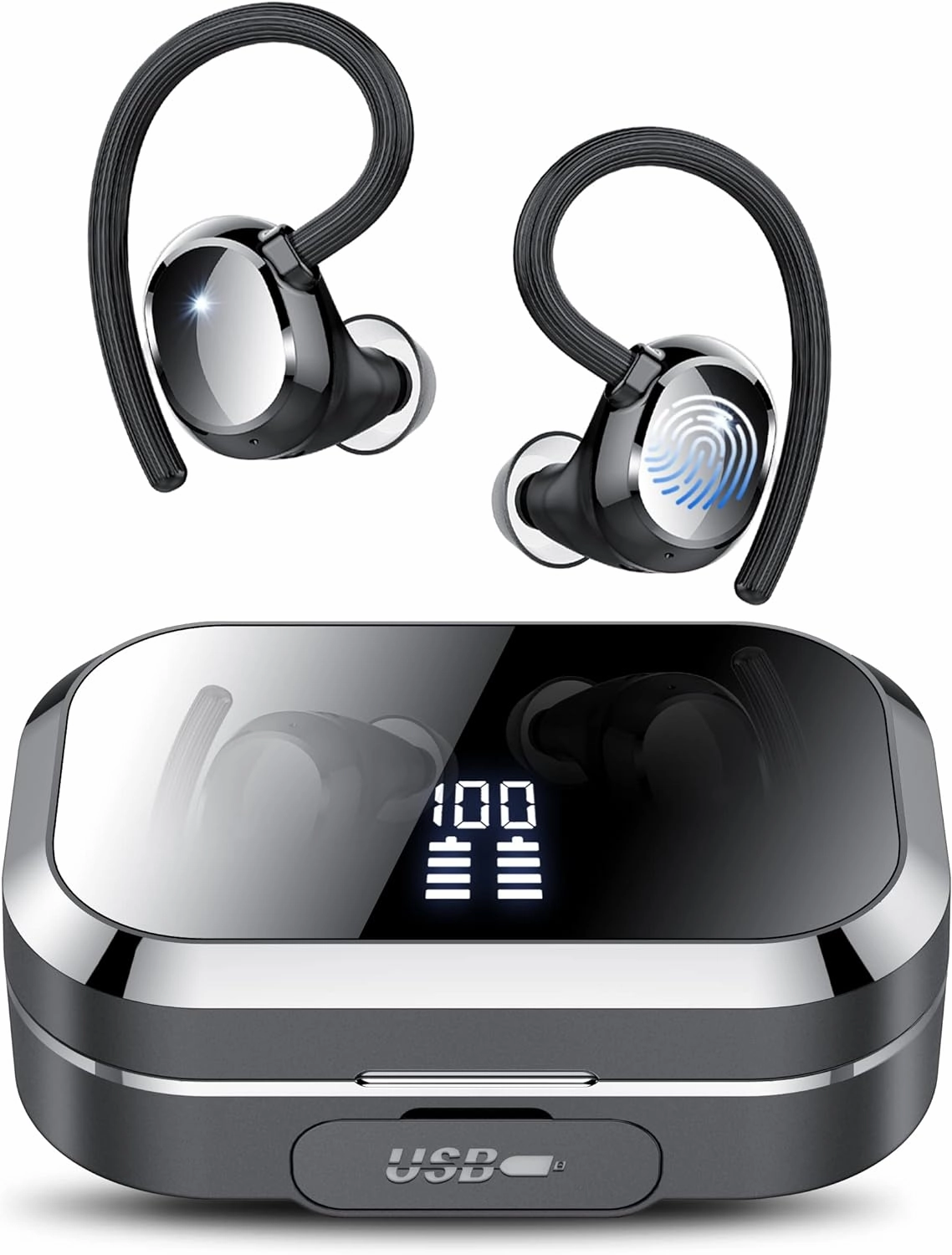 KT1 Bluetooth Headphones Wireless Earbuds 120hrs Playtime Wireless Charging Case Digital Display, Ear Buds with Earhook,IPX7 Waterproof, Deep Bass 2.0,Over-Ear Earphones for Sport Running wireless earbuds,Bluetooth earphones,true wireless stereo,