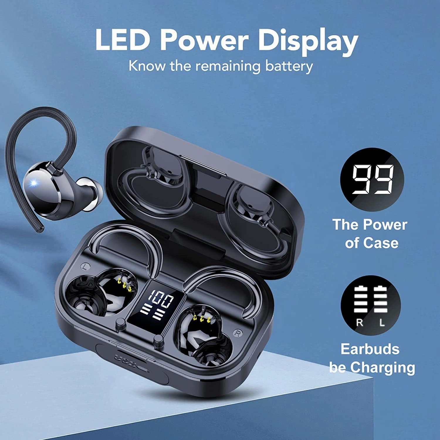 KT1 Bluetooth Headphones Wireless Earbuds 120hrs Playtime Wireless Charging Case Digital Display, Ear Buds with Earhook,IPX7 Waterproof, Deep Bass 2.0,Over-Ear Earphones for Sport Running