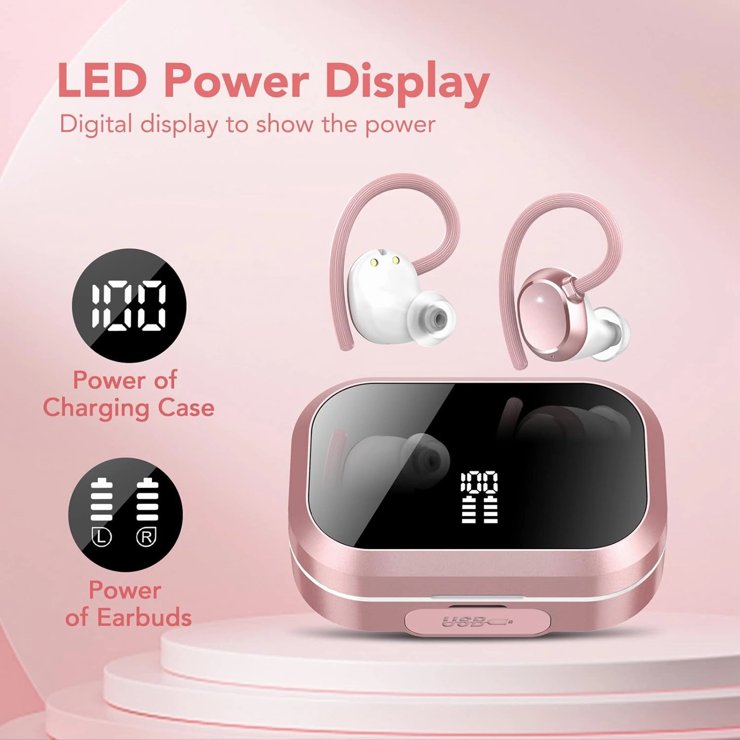 KT1 Wireless Earbuds V5.3, 120H Playtime, Bluetooth Earphones for Small Ear, IPX7 Waterproof Running Headphones, Deep Bass, Over Ear Sport Wireless Bluetooth Earphones for Android iOS