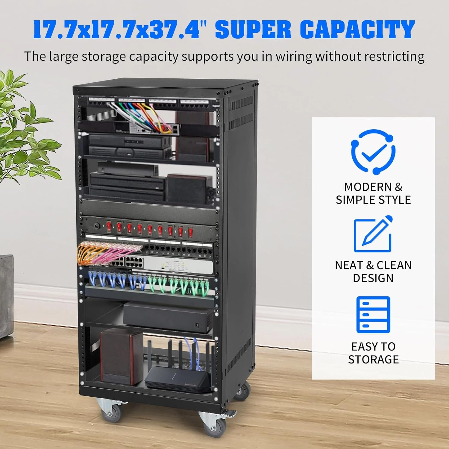 Ktaxon 4/12/16/22U AV Rack Recording Studio Racks with Removable Side Panels, Lockable Casters and Special Vent Design, Server Rack for 19 Inch Rack Mounting (22U)
