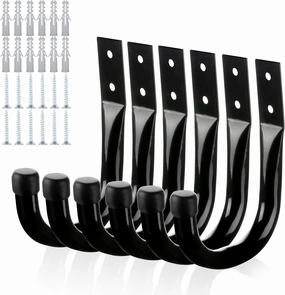 KURUI Metal Wall Hooks for Hanging Heavy Duty, 6Pcs Garage Organization and Storage Hook for Extension Cord Tool Coat Backpack Bag, Large Utility J Hooks, Black Wall Mount Hanges for Outdoor Indoor speaker wall mount,audio bracket,AV wall mounting,