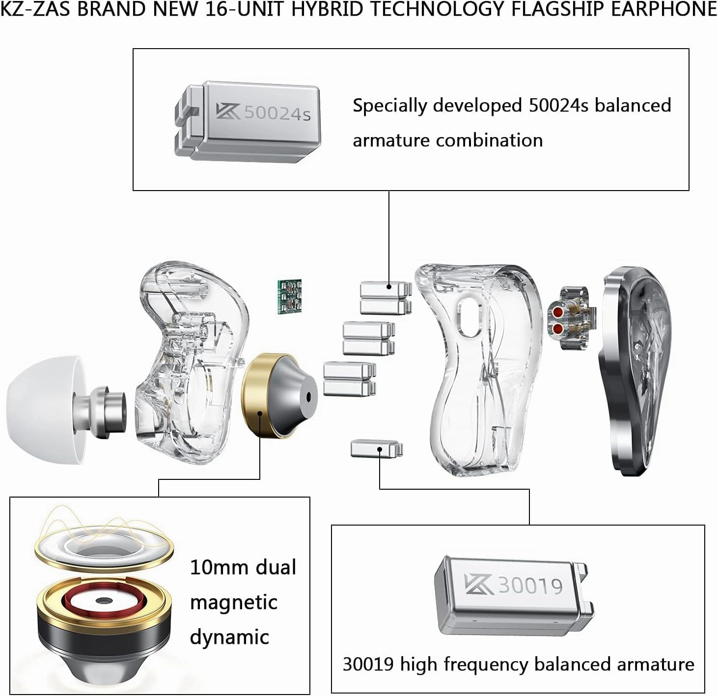 KZ ZAS 7BA 1DD In Ear Earphone - 16 Unit Hybrid Technology Flagship Monitor Headphones - 8Core Cable Music Sport Earphone (with Mic, White)