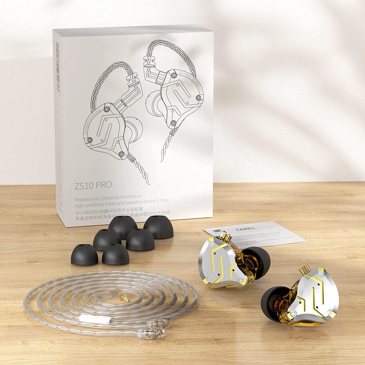 KZ ZS10 Pro 4BA 1DD Wired Earbuds Headphones, Noise Isolating in-Ear Earphones with Microphone, 3.5mm Plug in Audio Jack in Ear Monitor with Detachable 2Pin IEM Cable for Computer (Gold, with Mic)