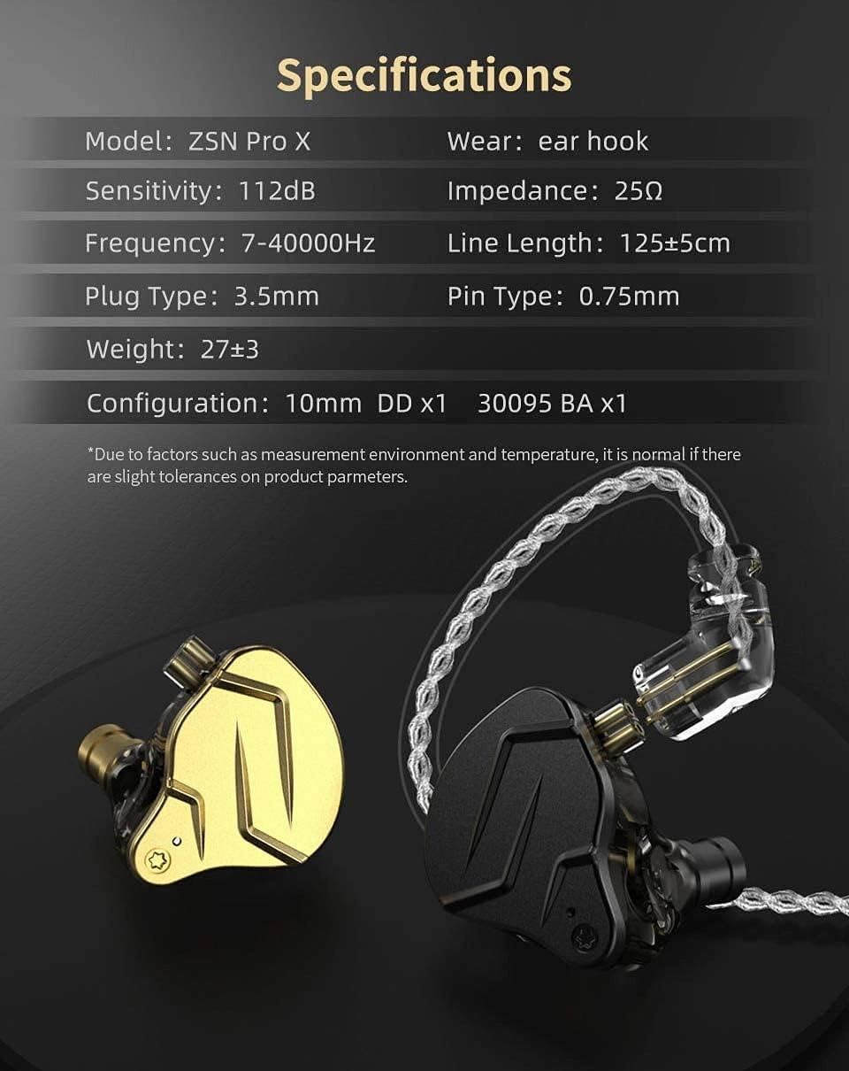 KZ ZSN PRO X HiFi in Ear Monitor IEM Headphones, 1BA 1DD Earbud Headphone Dual Driver Drummer Musician Earphone Stereo Headset with Removable C Pin Cable for Church (NO Mic, Dark Black)