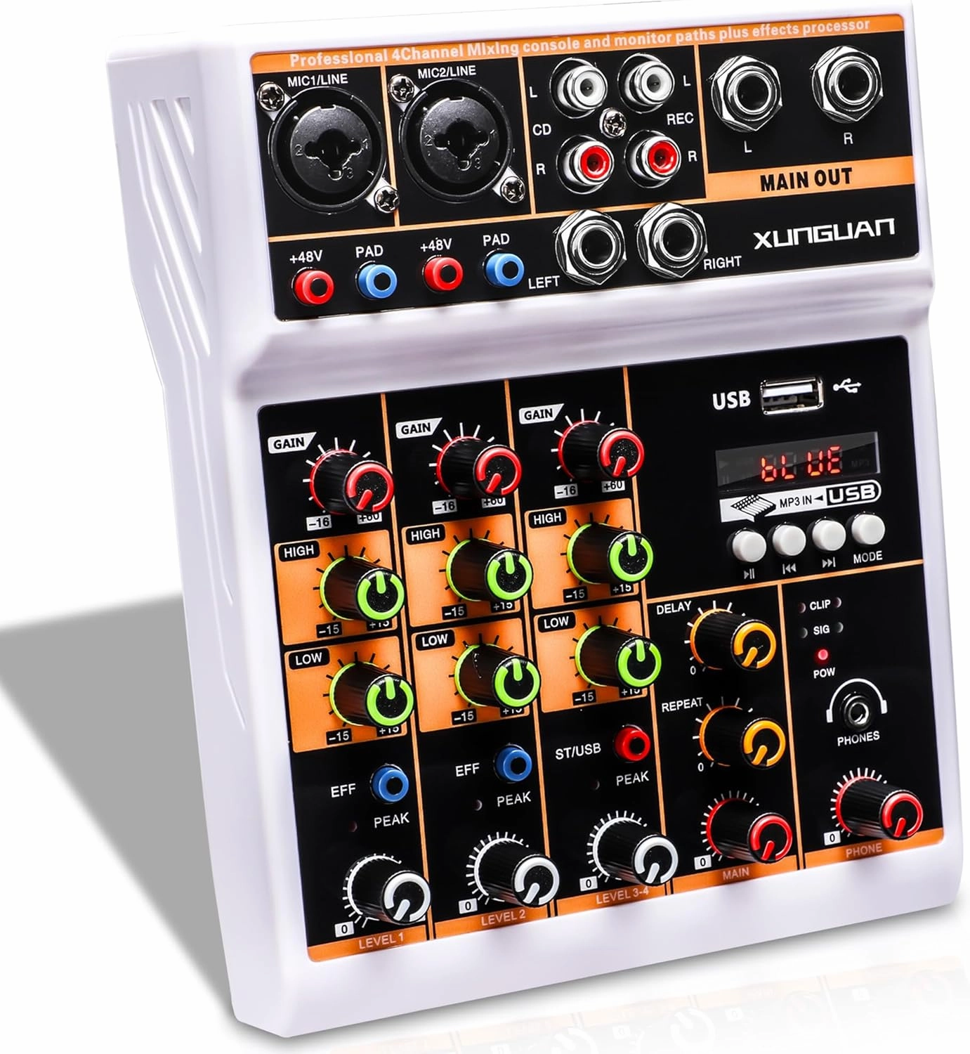 L4 Professional Audio Mixer, Sound Board Mixing Console with 4 Channel Digital USB Bluetooth Echo Delay Effect, Input 48V Phantom Power Stereo DJ Mixers for Recording, Live Streaming, Podcasting mixer console,audio mixing desk,DJ console,