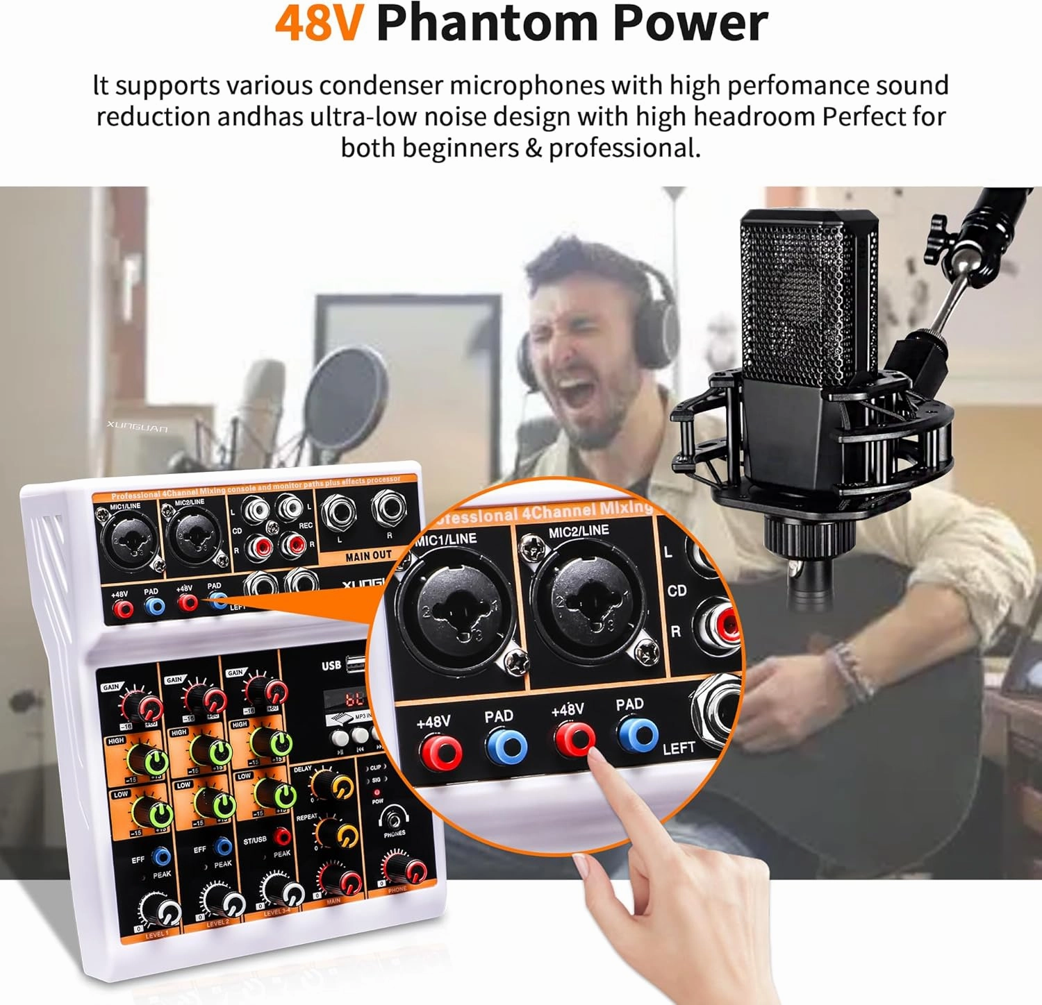 L4 Professional Audio Mixer, Sound Board Mixing Console with 4 Channel Digital USB Bluetooth Echo Delay Effect, Input 48V Phantom Power Stereo DJ Mixers for Recording, Live Streaming, Podcasting