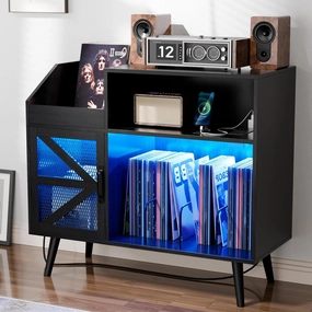 Large Black Record Player Stand with Magnetic Door,350 Vinyl Record Storage Cabinet, Record Player Table with Power Outlet and LED Light,Turntable Stand with Wood Legs for Living Room,Office vinyl storage,record holder,LP organizer,