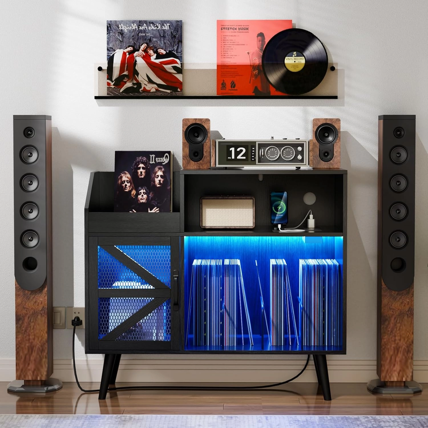 Large Black Record Player Stand with Magnetic Door,350 Vinyl Record Storage Cabinet, Record Player Table with Power Outlet and LED Light,Turntable Stand with Wood Legs for Living Room,Office