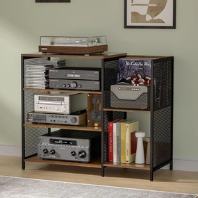 Large Professional Record Player Stand Table with Record Storage Holder, 4 Tier Rustic Media Console Table Stereo Stand Cabinet, Audio Video Shelving/Turntable Stand Shelf for Entertainment Center audio rack,hi-fi component stand,media shelf,