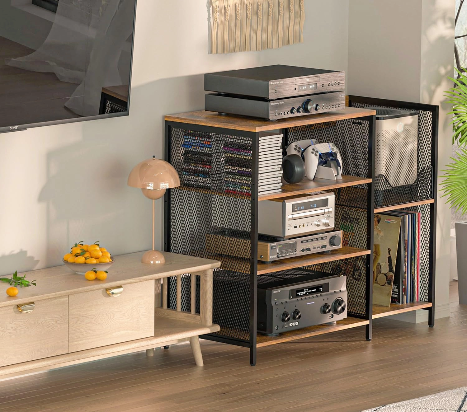 Large Professional Record Player Stand Table with Record Storage Holder, 4 Tier Rustic Media Console Table Stereo Stand Cabinet, Audio Video Shelving/Turntable Stand Shelf for Entertainment Center