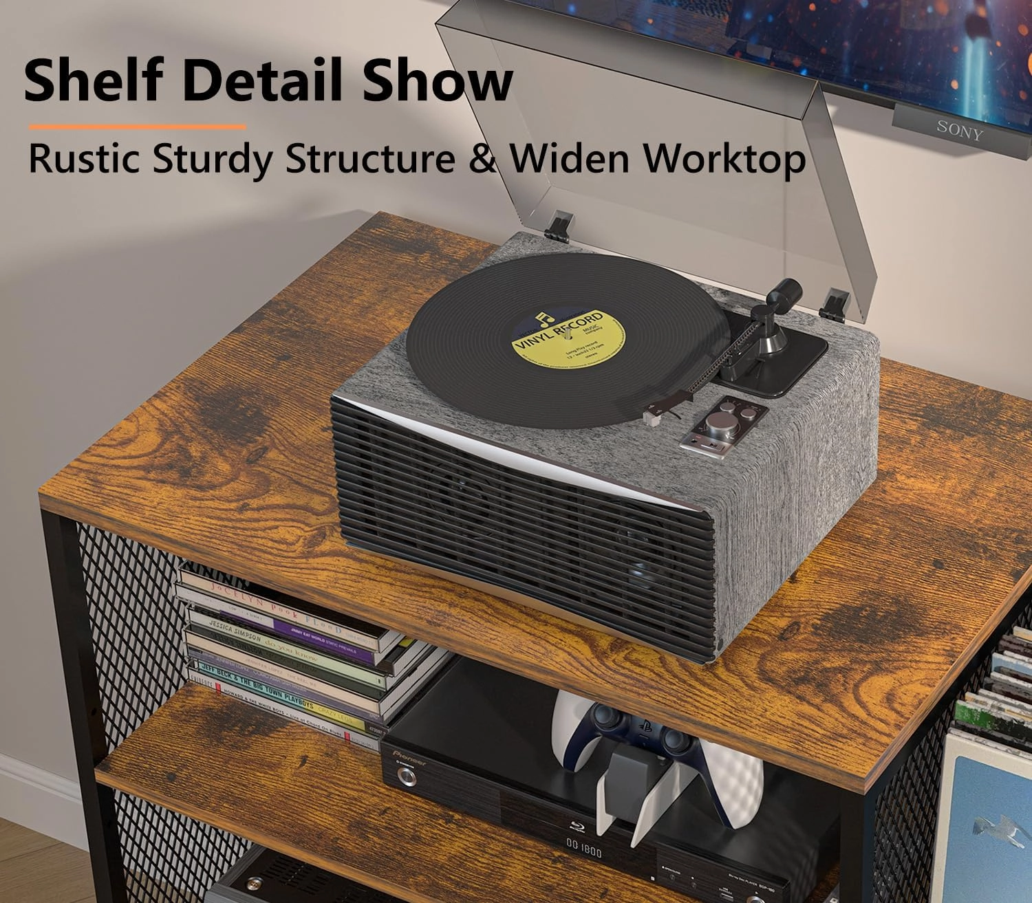 Large Professional Record Player Stand Table with Record Storage Holder, 4 Tier Rustic Media Console Table Stereo Stand Cabinet, Audio Video Shelving/Turntable Stand Shelf for Entertainment Center