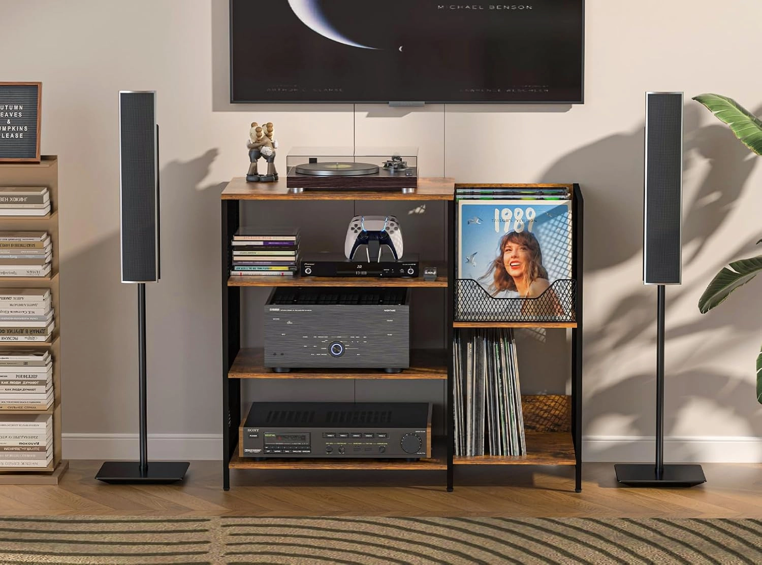 Large Professional Record Player Stand Table with Record Storage Holder, 4 Tier Rustic Media Console Table Stereo Stand Cabinet, Audio Video Shelving/Turntable Stand Shelf for Entertainment Center